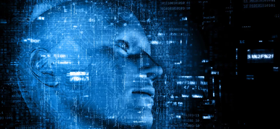 3D technology background with code over male head
