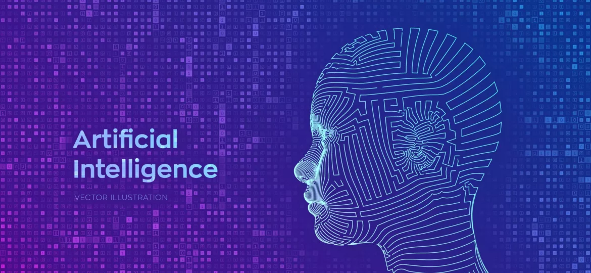 AI Artificial intelligence concept Abstract wireframe digital human face on streaming matrix digital binary code background Human head in robot digital computer interpretation Vector illustration