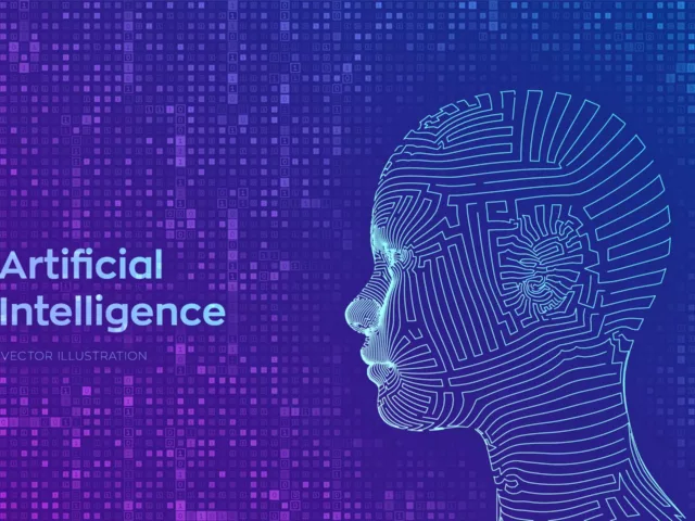 AI Artificial intelligence concept Abstract wireframe digital human face on streaming matrix digital binary code background Human head in robot digital computer interpretation Vector illustration