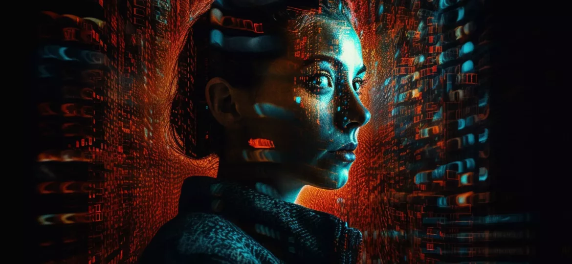 Glowing cyborg statue illuminated in blue mystery generated by AI
