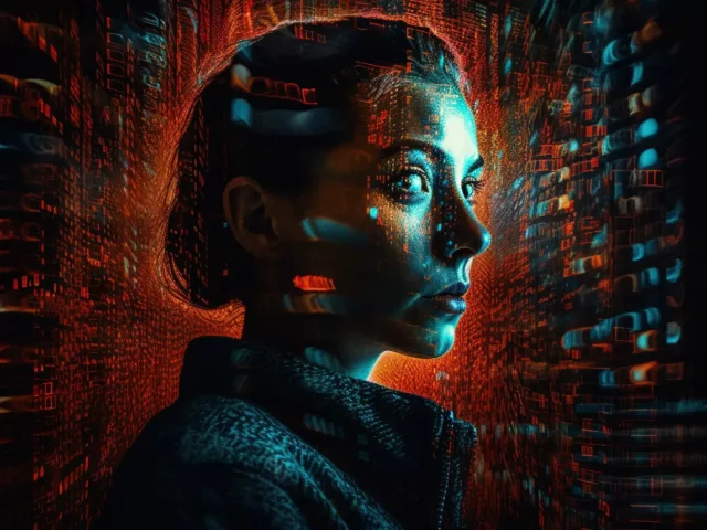 Glowing cyborg statue illuminated in blue mystery generated by AI