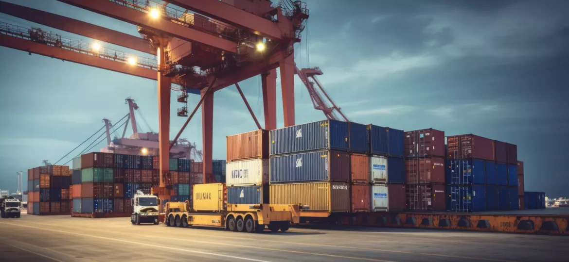 Logistics and transportation of Container Cargo ship and Cargo plane with working crane bridge in shipyard at sunrise logistic import export and transport industry background Ai generative