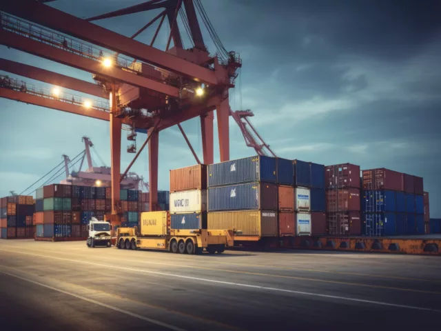 Logistics and transportation of Container Cargo ship and Cargo plane with working crane bridge in shipyard at sunrise logistic import export and transport industry background Ai generative