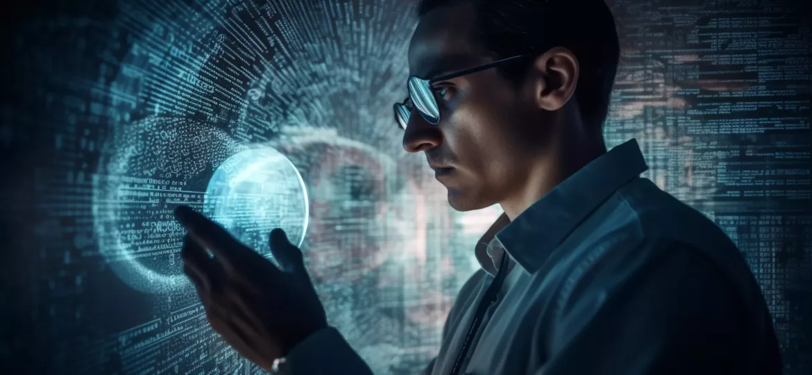 man-glasses-holds-sphere-front-screen-that-says-future-technology