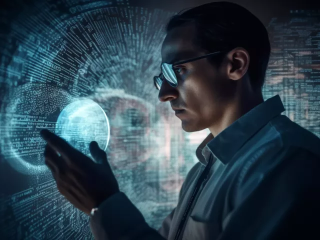man-glasses-holds-sphere-front-screen-that-says-future-technology