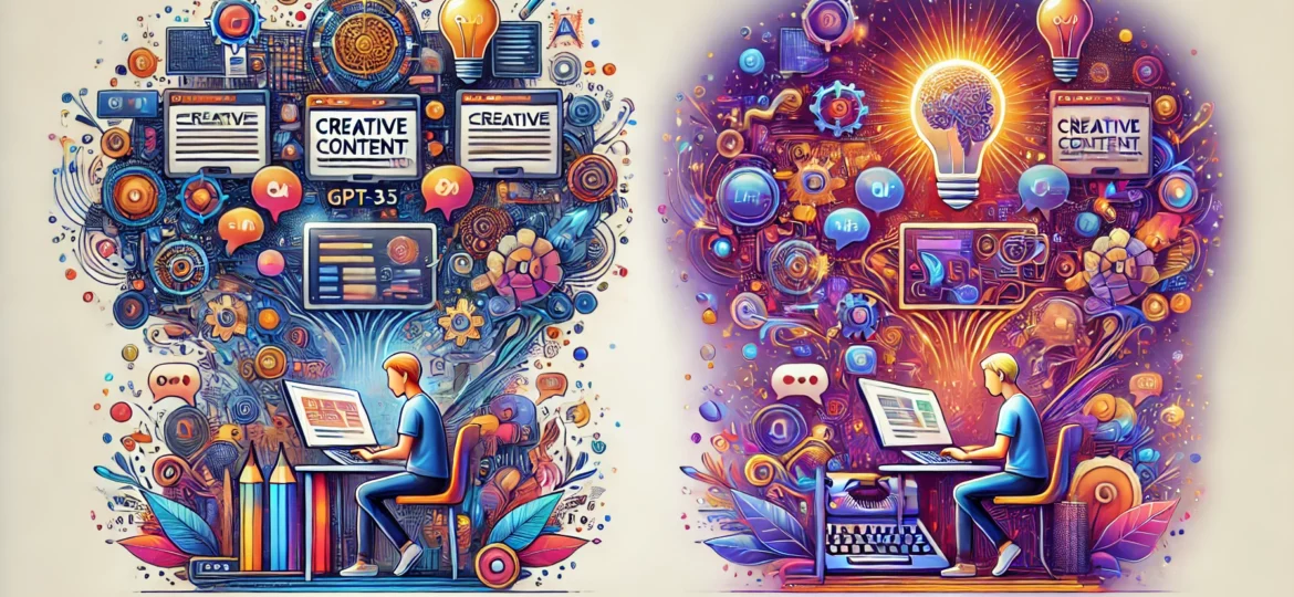 DALLE 2024-06-23 194523 - A high-quality illustration depicting how GPT-35 and GPT-4 help in creative content generation On the left show GPT-35 with a writer or artist usi