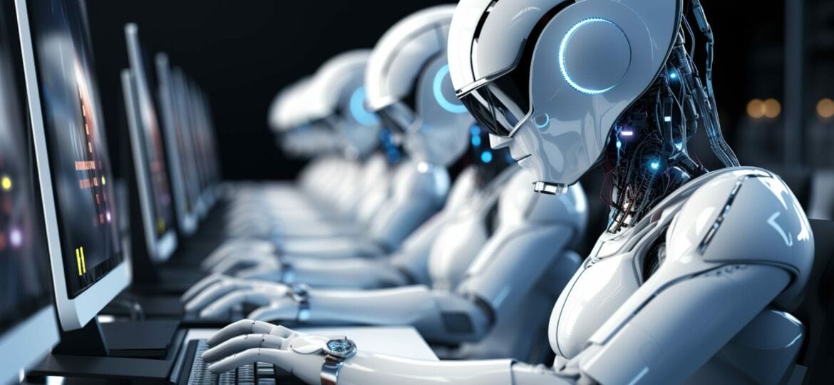 close-up-anthropomorphic-robot-working-computer