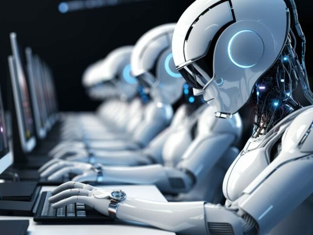 close-up-anthropomorphic-robot-working-computer