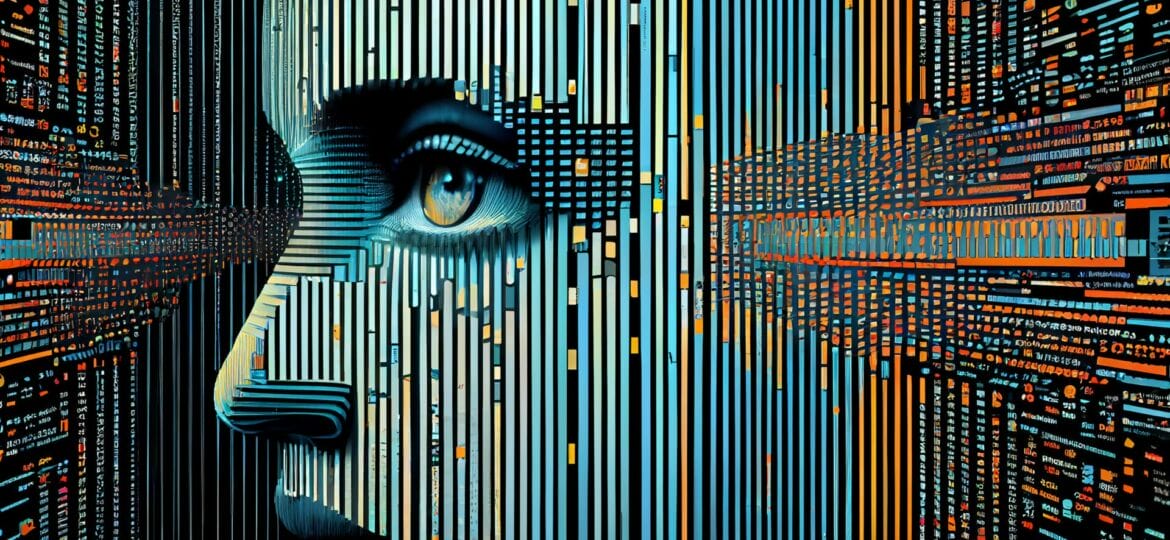 Futuristic computer graphic of glowing human face generative AI