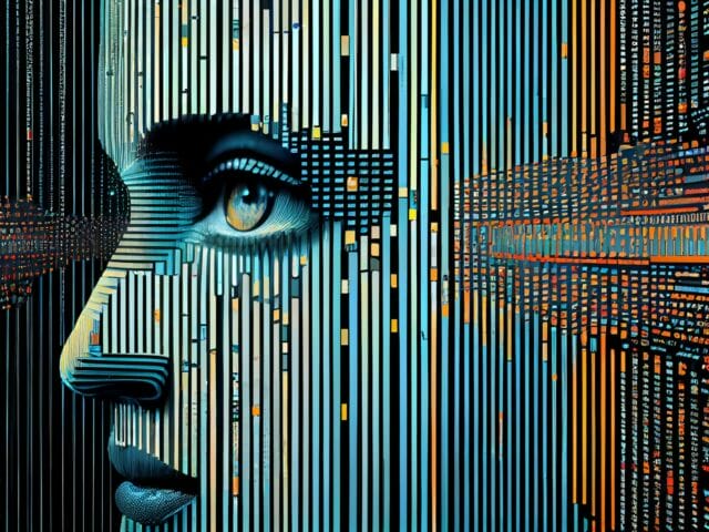 Futuristic computer graphic of glowing human face generative AI