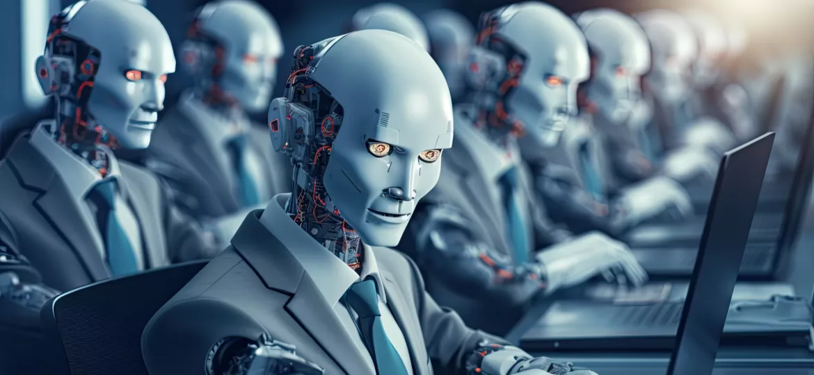 humanoid robots working in an office with computers