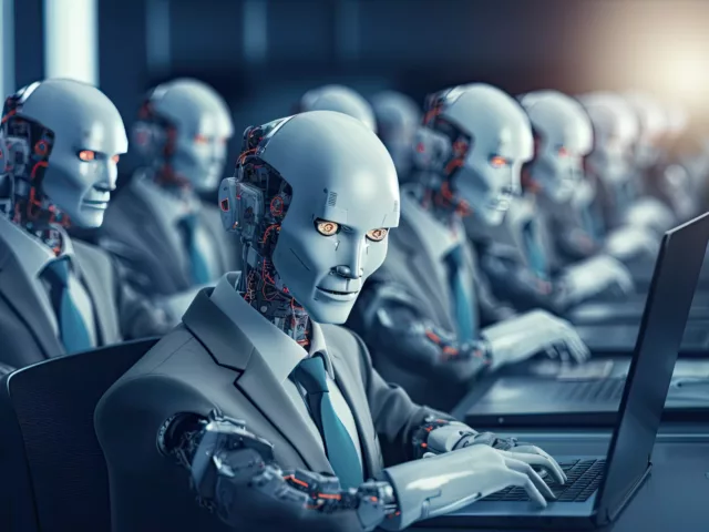 humanoid robots working in an office with computers