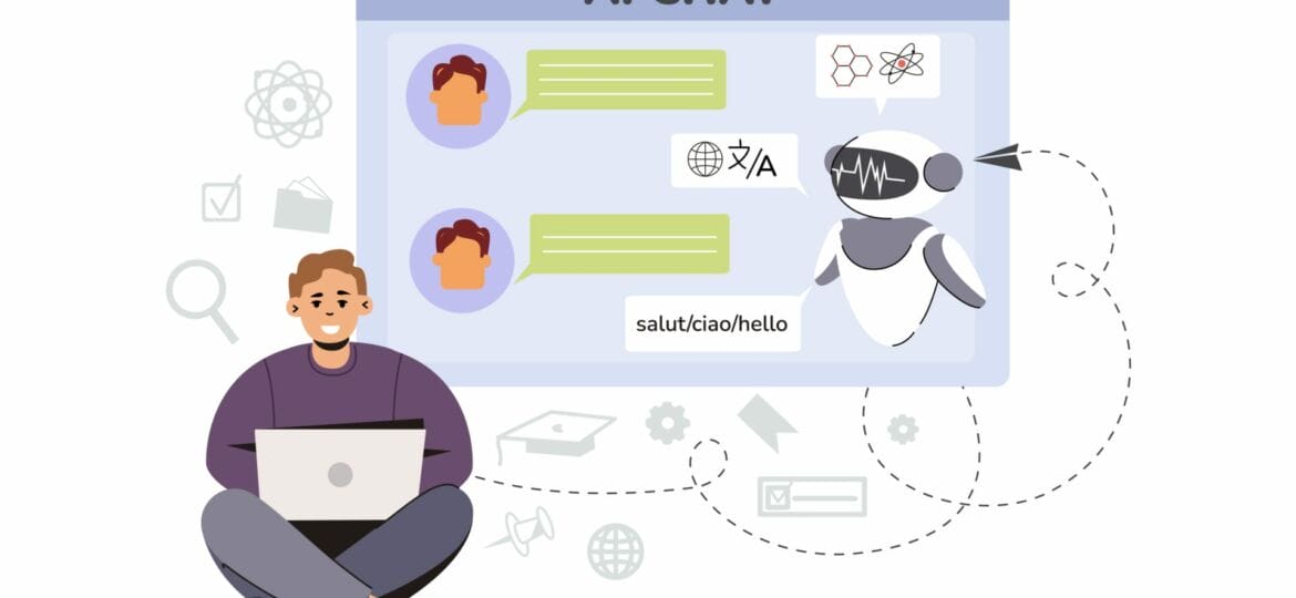 Flat man using Ai technology for help answer questions