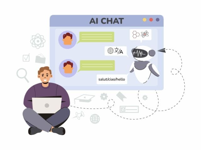 Flat man using Ai technology for help answer questions