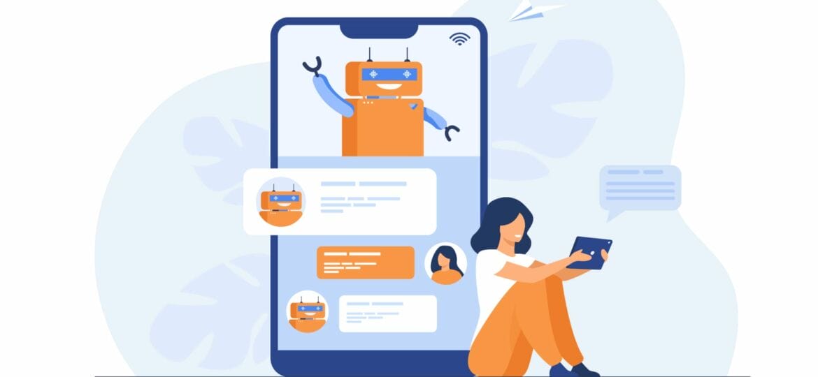 Tiny woman using mobile assistant with chatbot