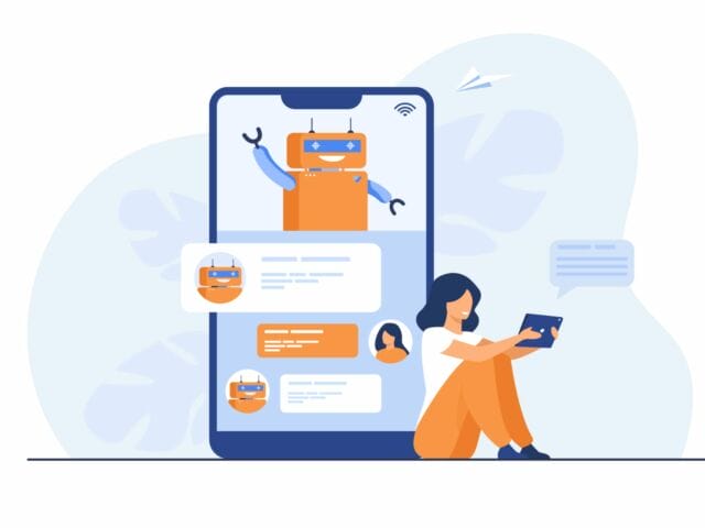 Tiny woman using mobile assistant with chatbot
