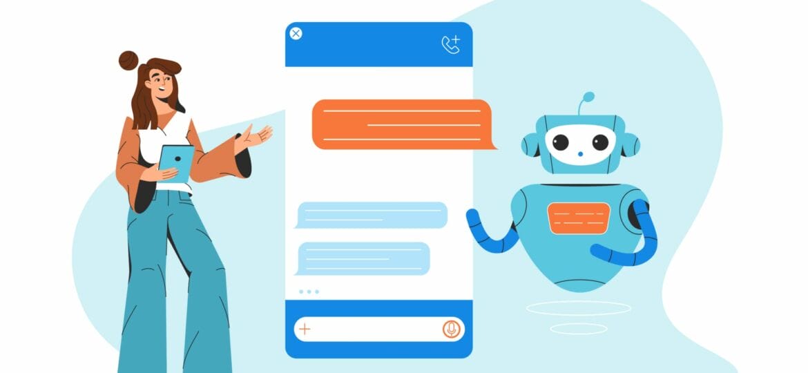 Flat woman chatting with chatbot communicating AI robot assistant