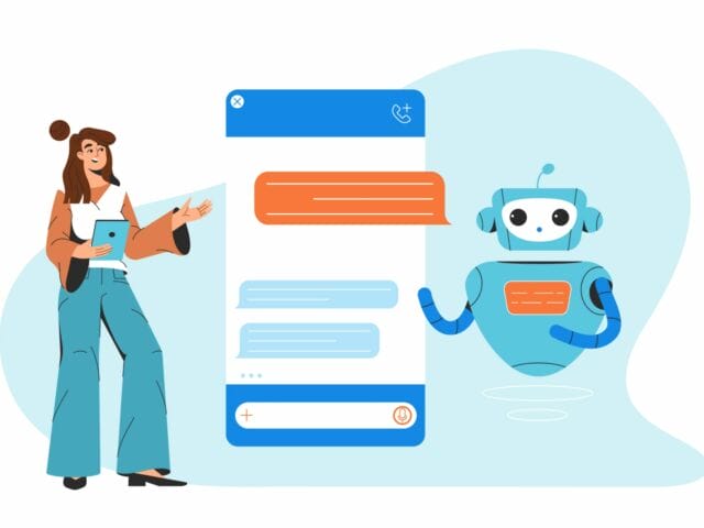 Flat woman chatting with chatbot communicating AI robot assistant
