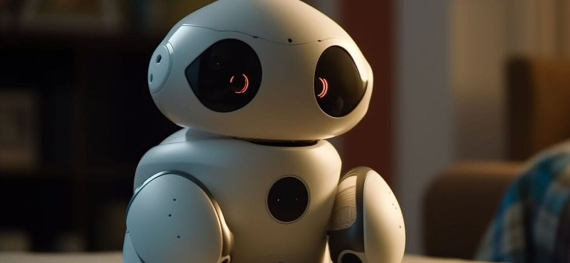 Smiling cyborg toy sitting on futuristic flooring generated by AI
