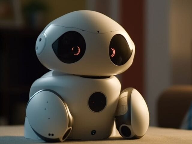 Smiling cyborg toy sitting on futuristic flooring generated by AI