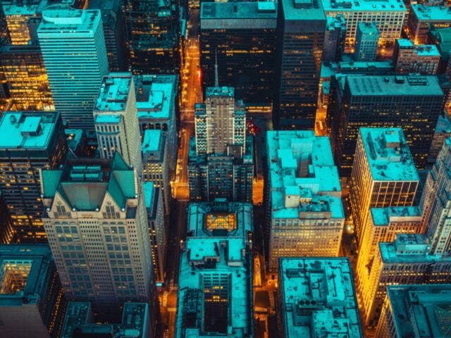 Aerial view of Chicago by night