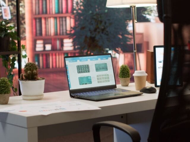 Empty home office setup showing documents and financial reports on laptop