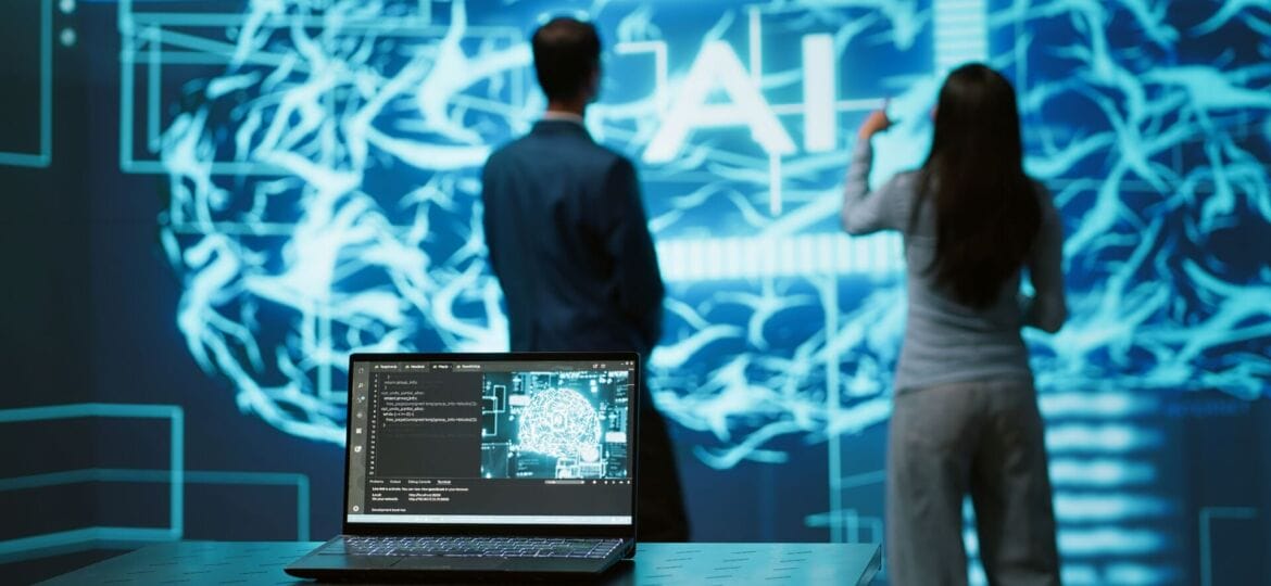IT professionals using artificial intelligence augmented reality hologram