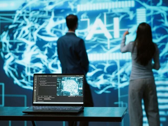 IT professionals using artificial intelligence augmented reality hologram