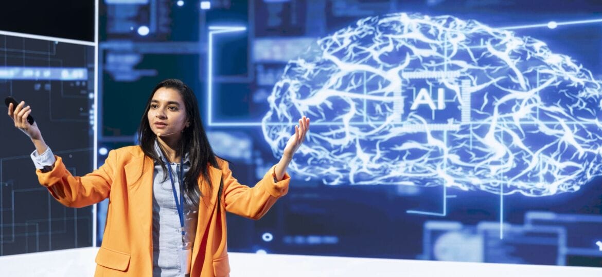 IT technician presenting latest artificial intelligence innovations