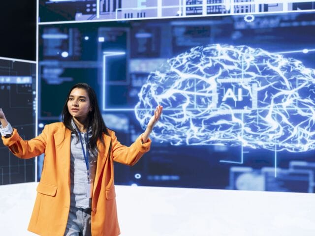 IT technician presenting latest artificial intelligence innovations