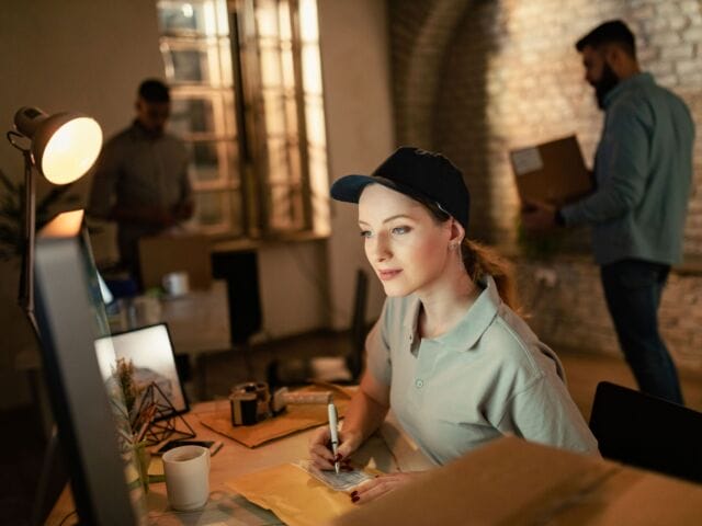 Female courier using computer while preparing package for a delivery.