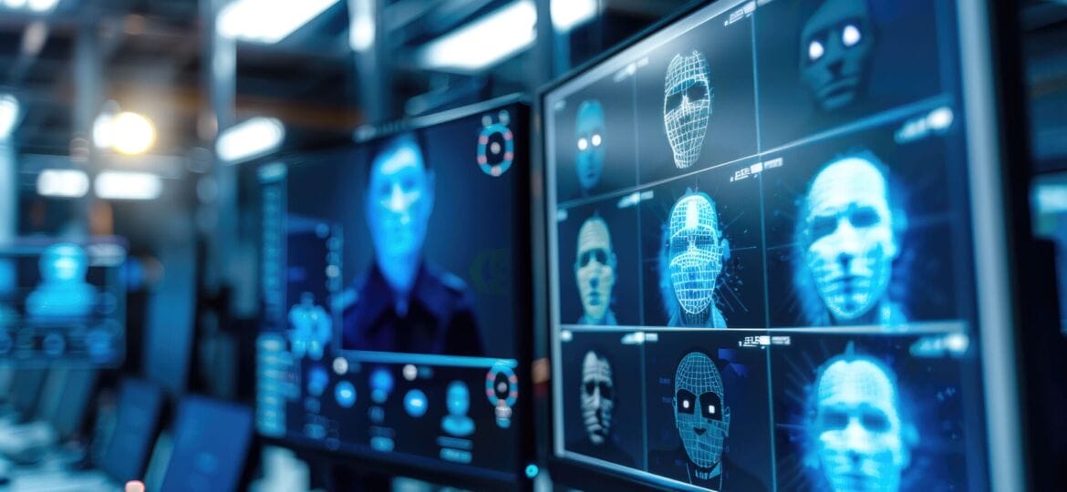 A high-tech security monitoring system with multiple screens displaying AI-driven facial recognition analysis, featuring digital wireframe overlays on faces in a dimly lit control room.