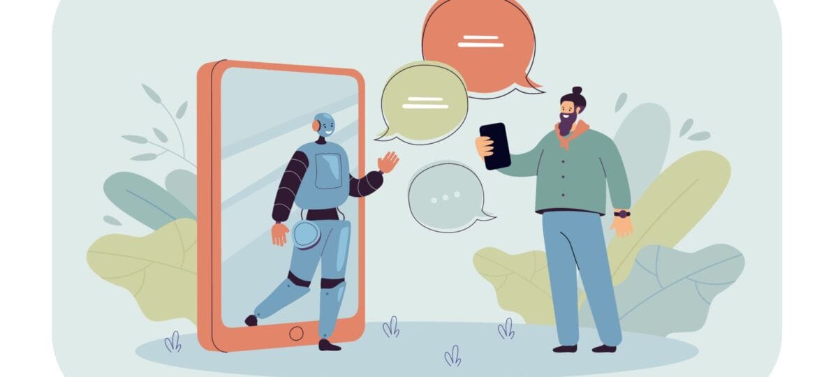 Tiny man chatting online with AI assistant