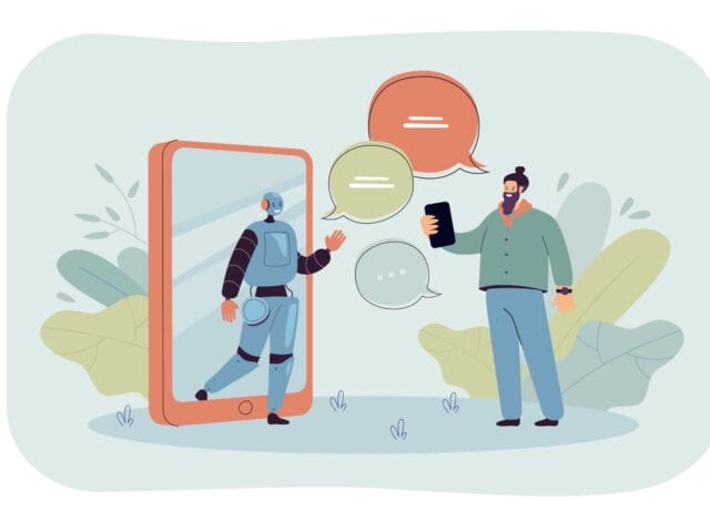 Tiny man chatting online with AI assistant