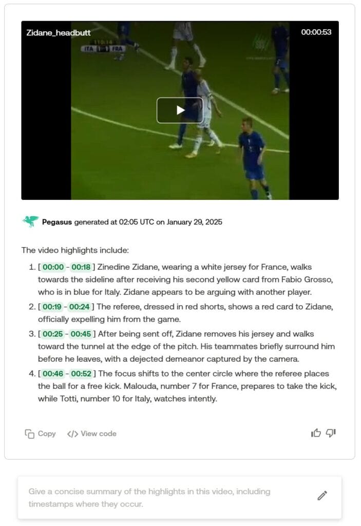 TwelveLabs Pegasus AI analyzing a video and producing timestamps.