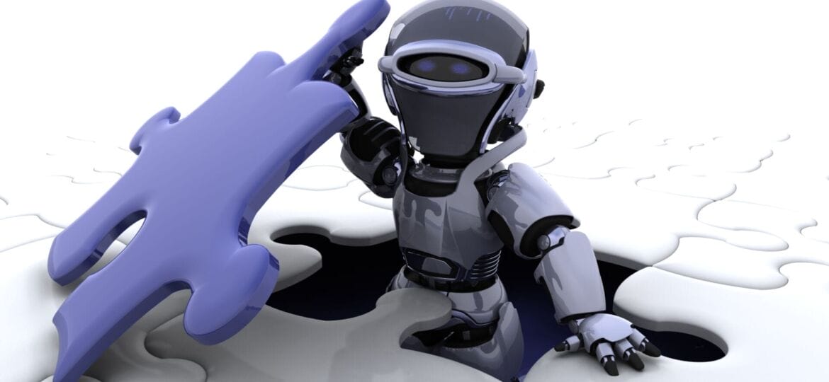 robot with the final piece of the puzzle