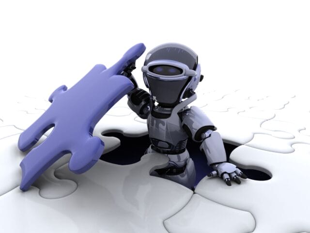 robot with the final piece of the puzzle
