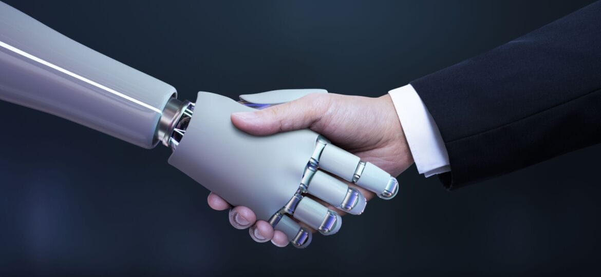 Business hand robot handshake artificial intelligence digital t