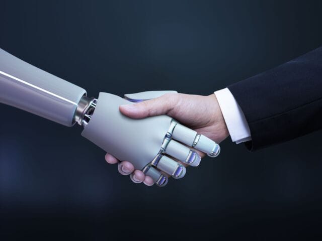 Business hand robot handshake artificial intelligence digital t
