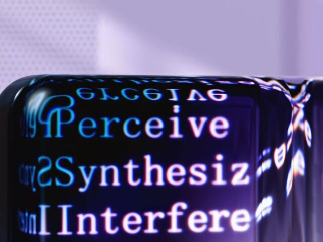 The words "Perceive," "Synthesize," and "Interfere," on a block. Photo credit: GoogleDeepMind.