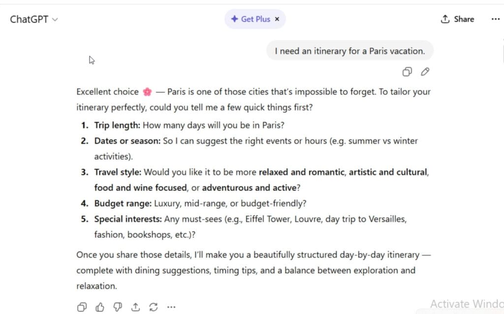 A screenshot of a message to ChatGPT saying "I need an itinerary for a Paris vacation," followed by ChatGPT's response. 