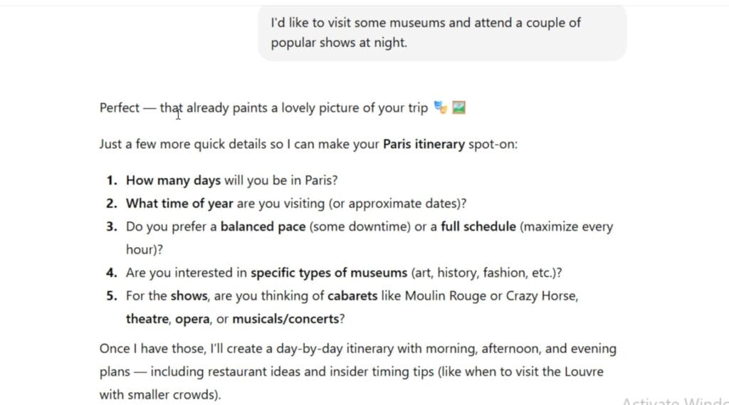 A screenshot of a text to ChatGPT saying "I'd like to visit some museums and attend a couple of popular shows at night" followed by ChatGPT's response.