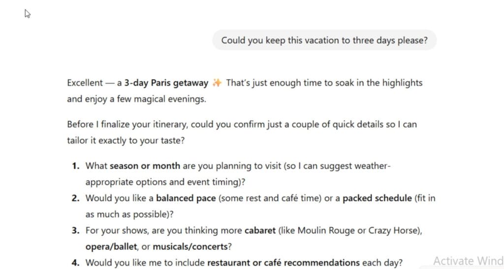 A screenshot of a message to ChatGPT asking for a 3-day itinerary followed by ChatGPT's response.