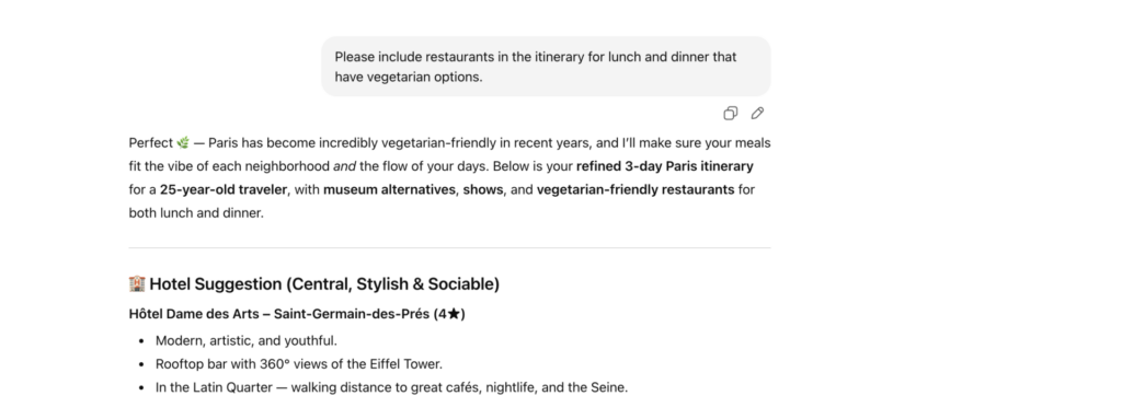 Vegetarian restaurant request on ChatGPT.