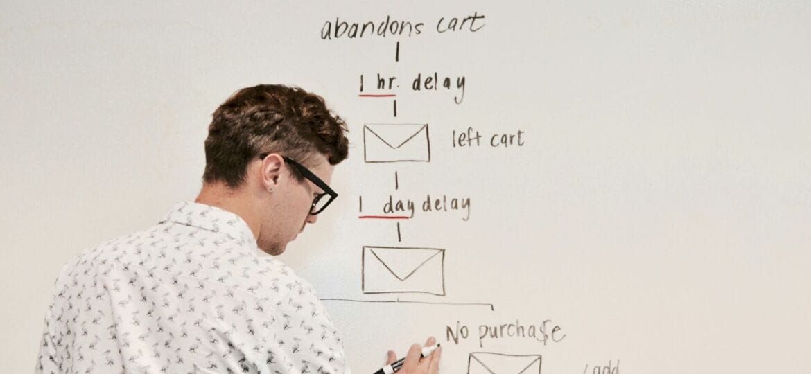 Man writes a workflow diagram on a whiteboard.