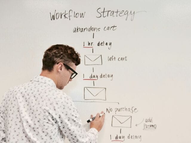 Man writes a workflow diagram on a whiteboard.