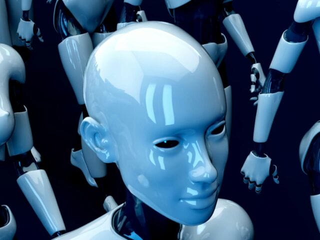 AI agent with a blue-ish head surrounded by robots.