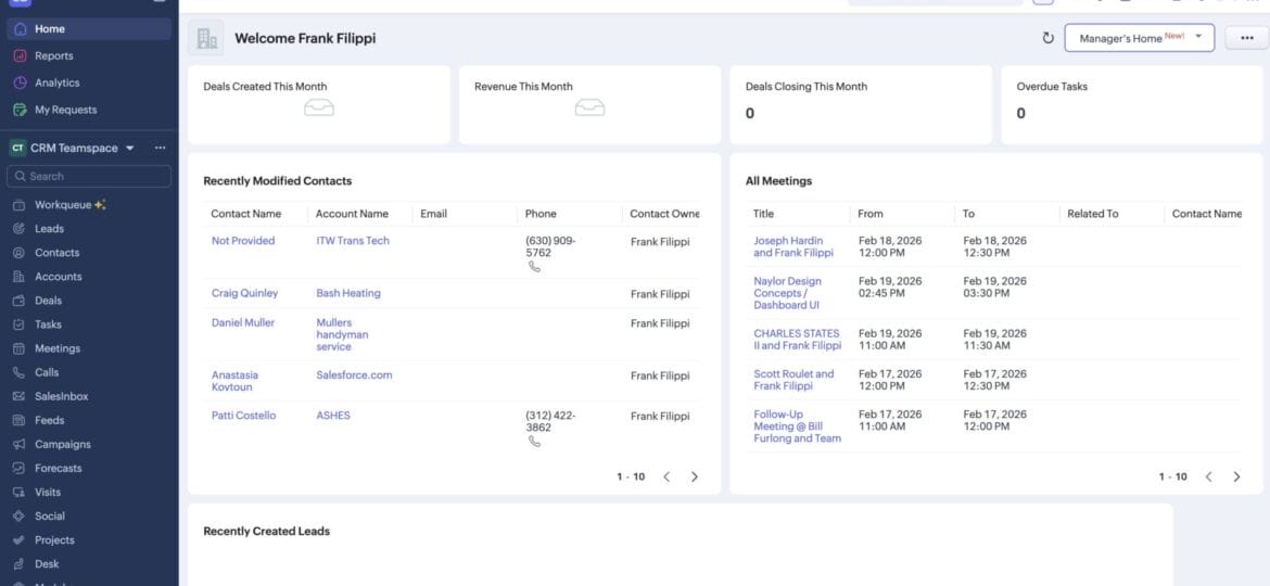 A screenshot of the home page of our CRM.