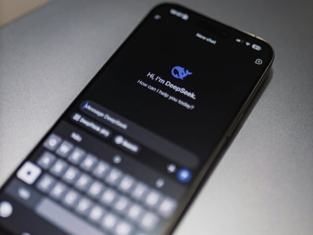 A phone displays an AI conversational app called "DeepSeek/"
